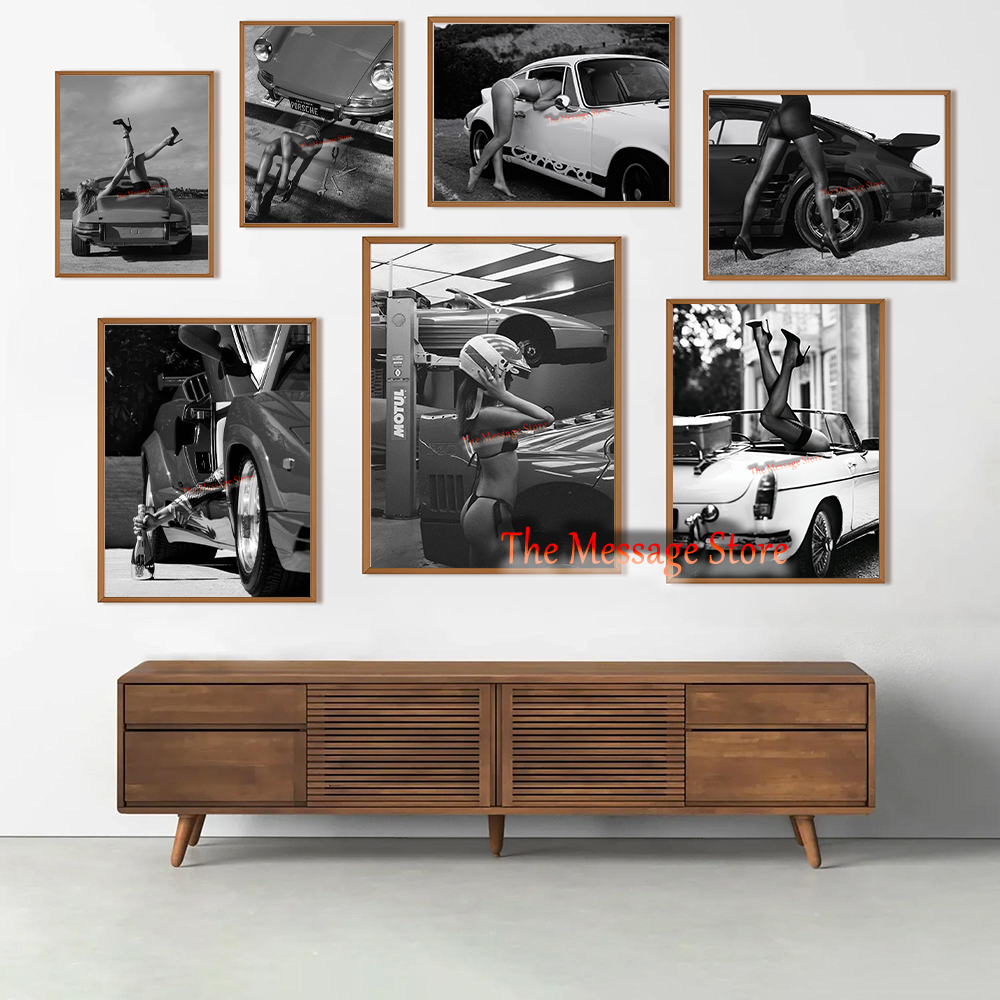 Luxury Lifestyle Picture - レトロセクシーガールハイヒールと高級車レトロトレンディファッション写真スポーツカーポスターキャンバス絵画壁掛け絵画家の装飾