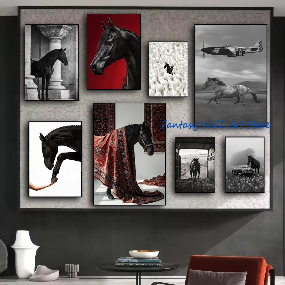 Luxury Lifestyle Picture - 黒馬の写真ヴィンテージ高級ウォールアート頑丈な馬馬術写真プリントポスターキャンバス絵画壁の写真家の装飾